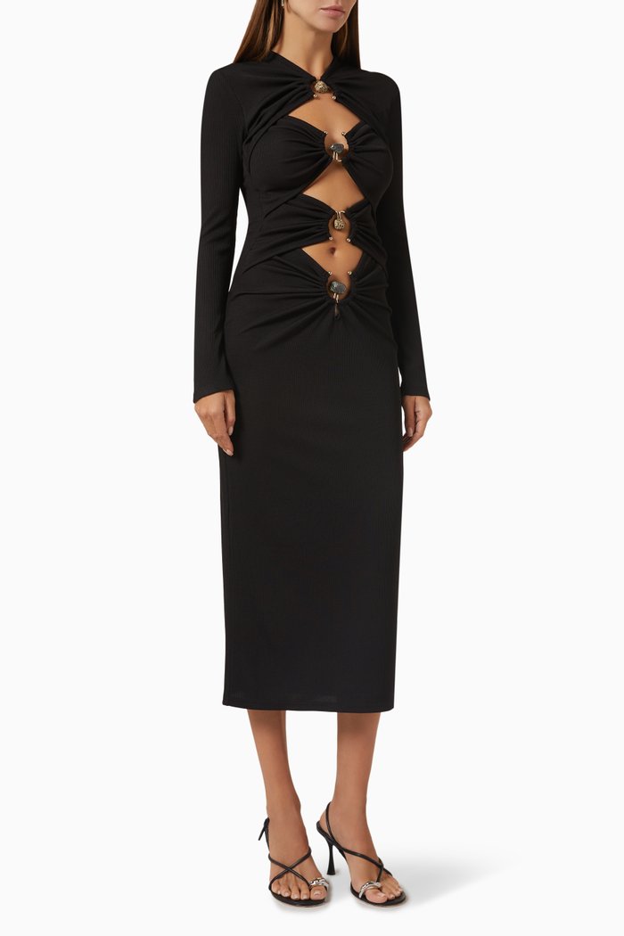 Quartz Orbit Cut-out Ribbed Midi Dress, Black