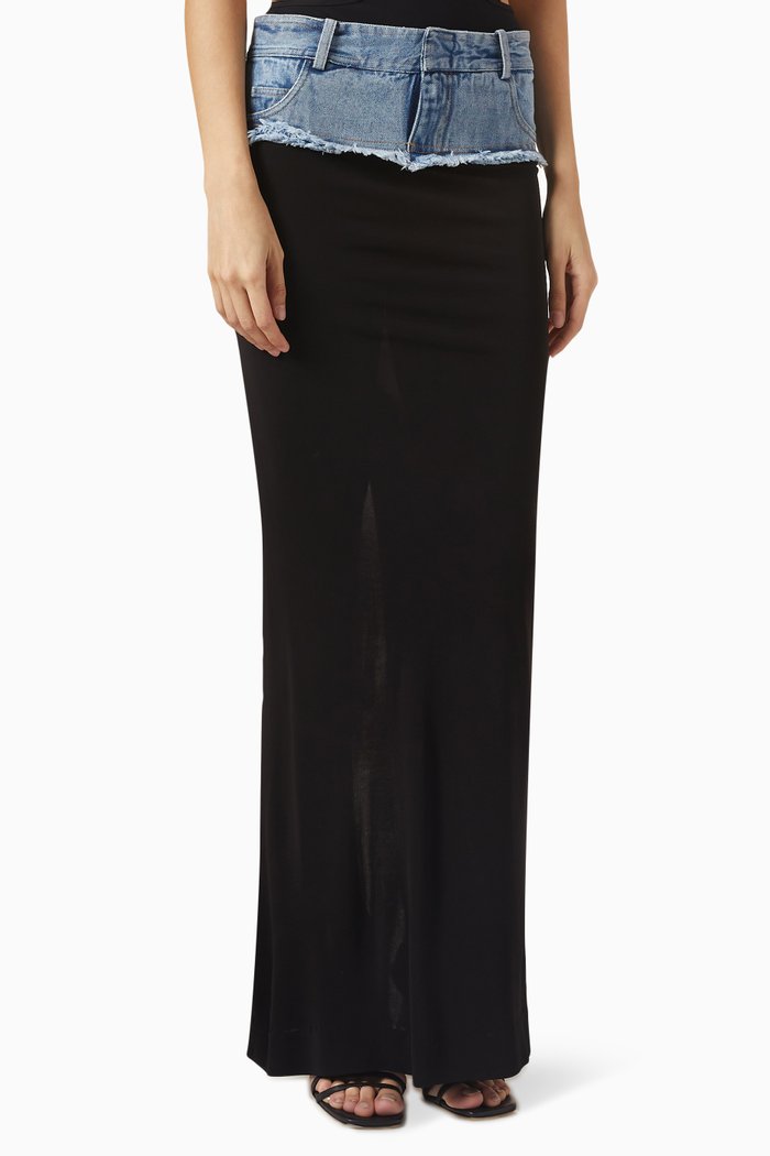 

Denim Belt Column Maxi Skirt in Cotton, Black