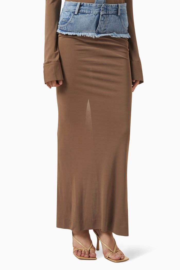 

Denim Belt Column Maxi Skirt in Cotton, Brown