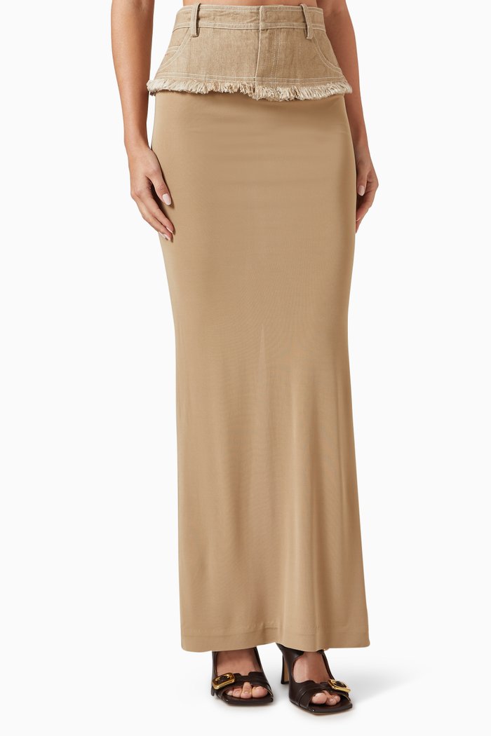 Denim Belt Column Maxi Skirt in Cotton, Brown
