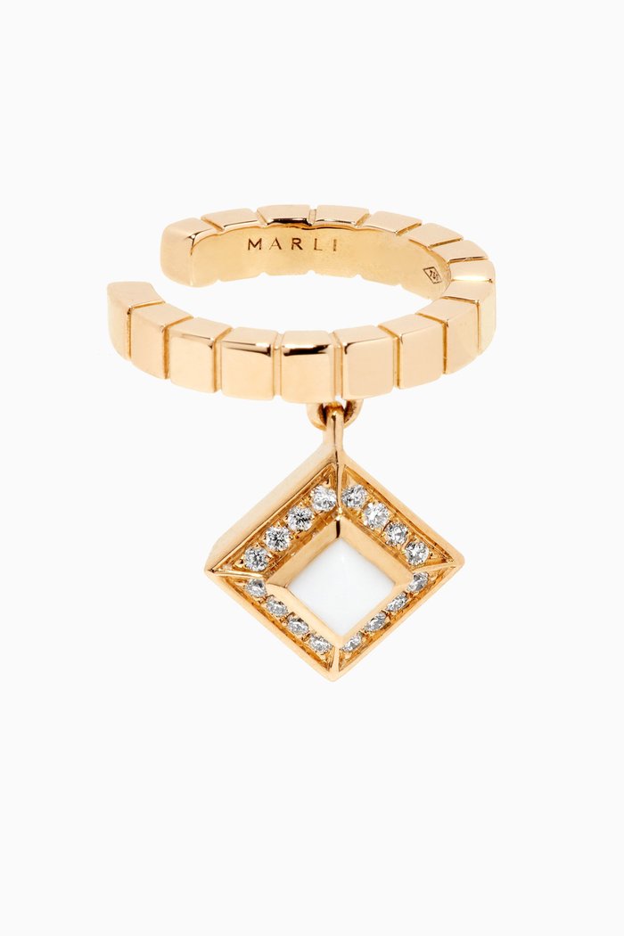 

Cleo Lotus Charm Diamond & White Agate Single Ear Cuff in 18kt Gold, Yellow