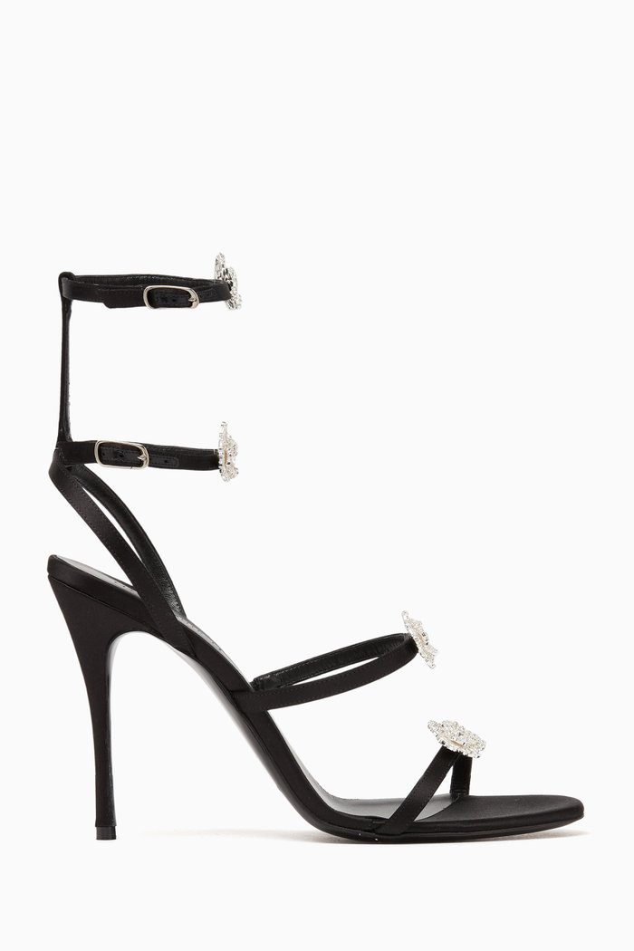 

Crystal Flower Sandals in Silk Satin, Black