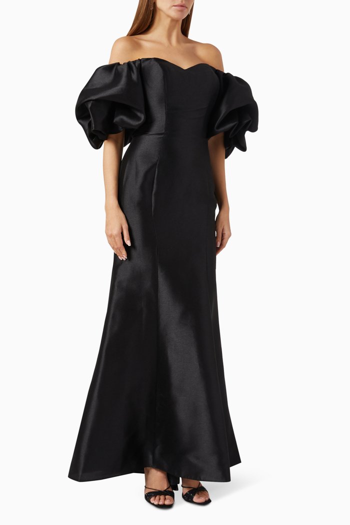 

Puff-sleeved Off-shoulder Gown, Black
