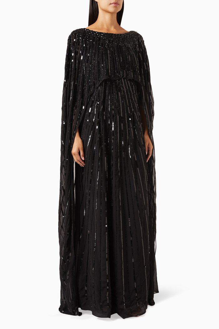 

Embellished Cape Gown in Tulle, Black