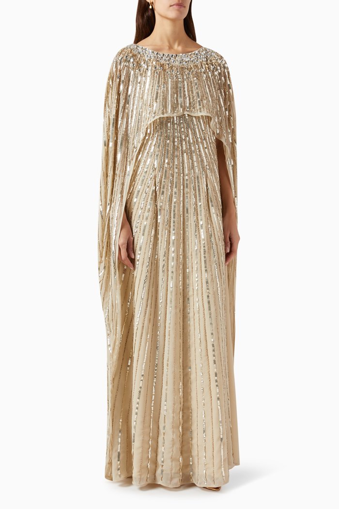 

Embellished Cape Gown in Tulle, Gold