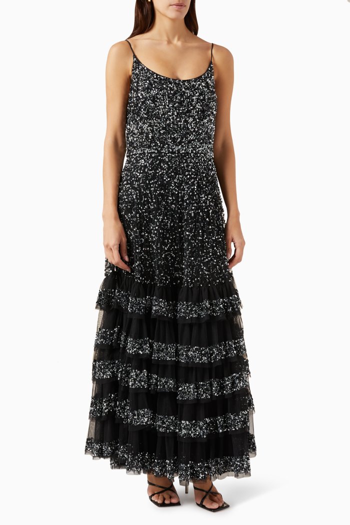 

Embellished Ruffle Tiered Gown in Tulle, Black
