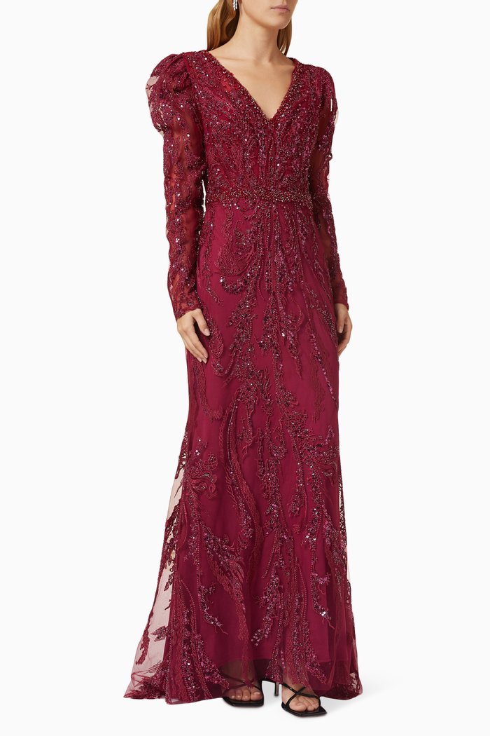 

Embellished Puff Sleeve Gown in Lace, Red