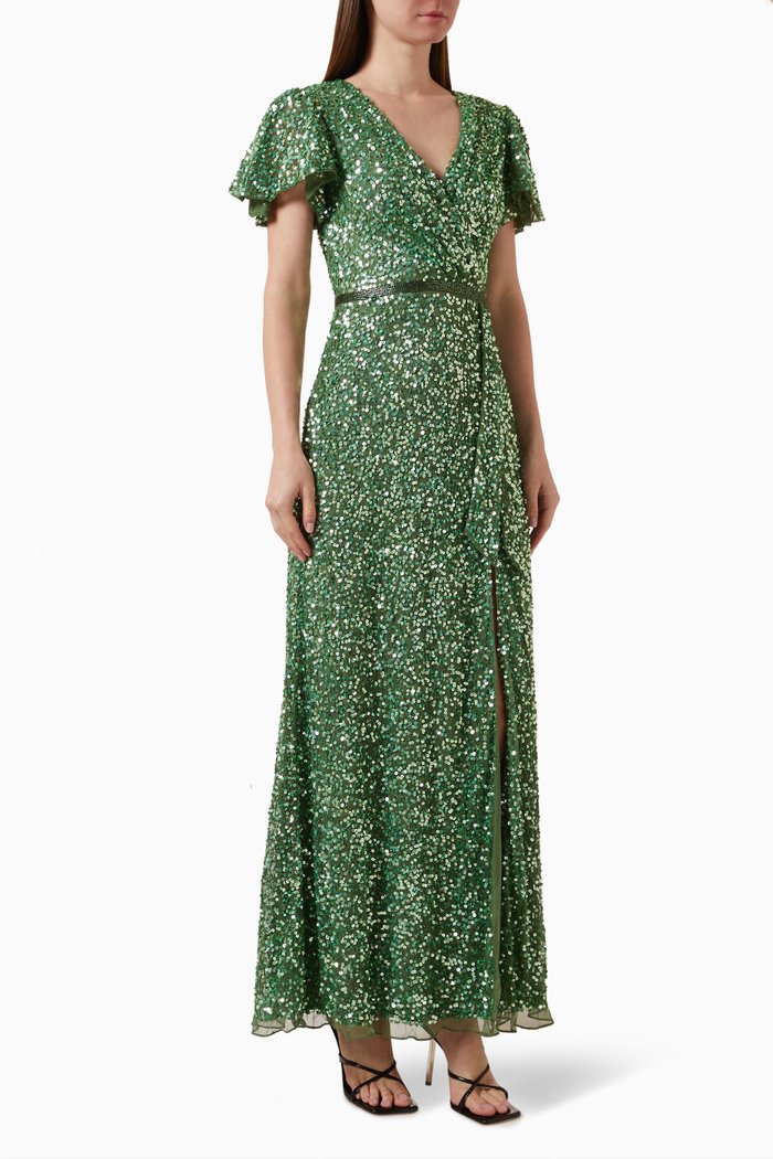 

Sequinned Wrap Gown, Green