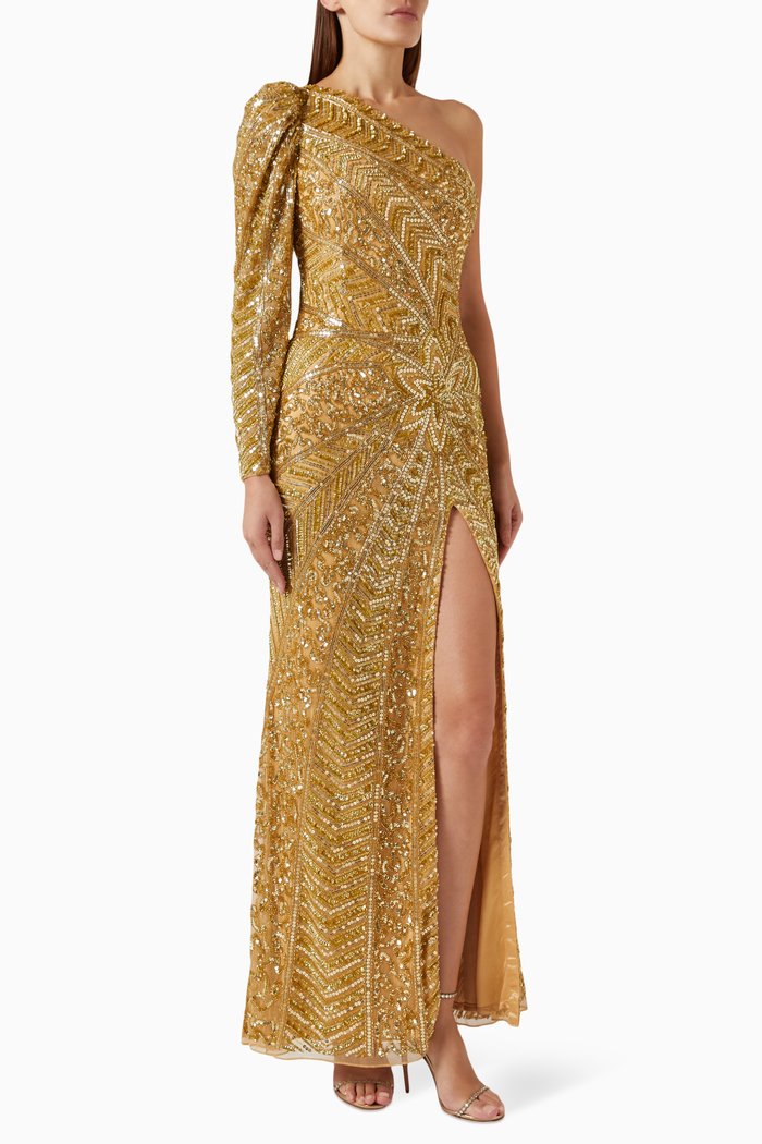 

Illusion Beaded One-shoulder Maxi Dress, Gold