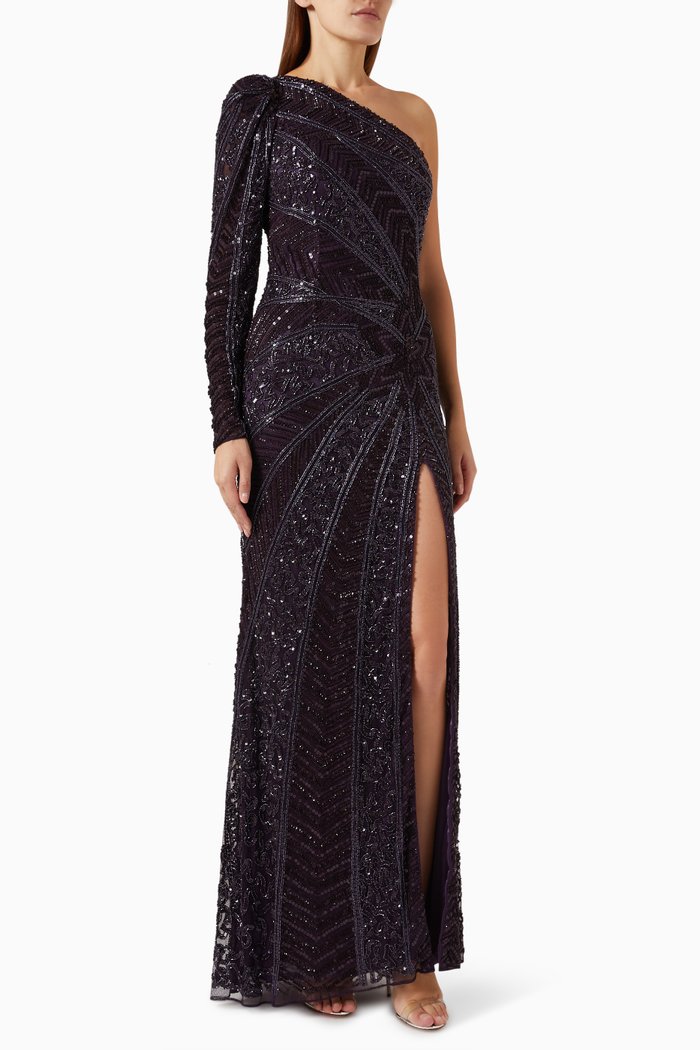 

Illusion Beaded One-shoulder Maxi Dress, Purple