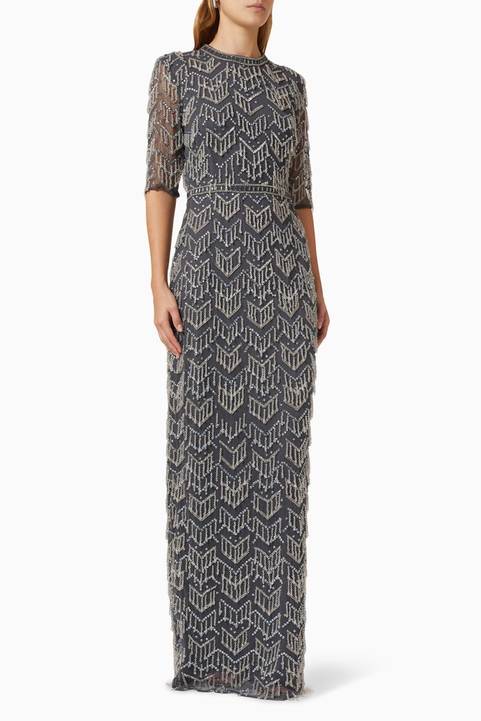 

Beaded Fring Gown in Tulle, Grey