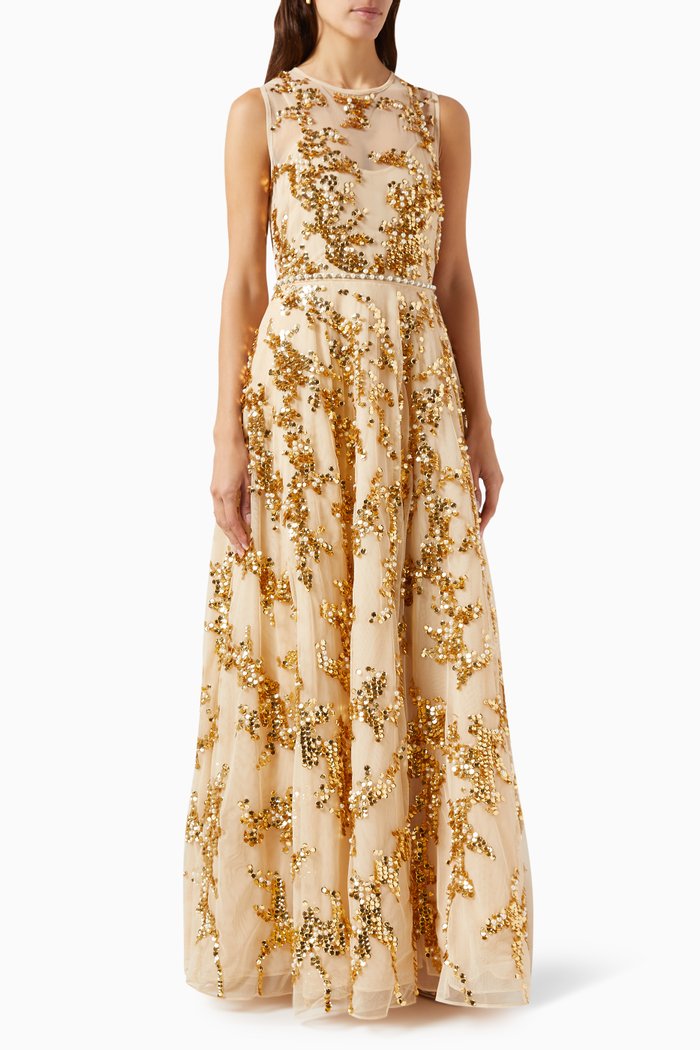 

Sequins & Pearls Embellished A-line Gown in Tulle, Neutral