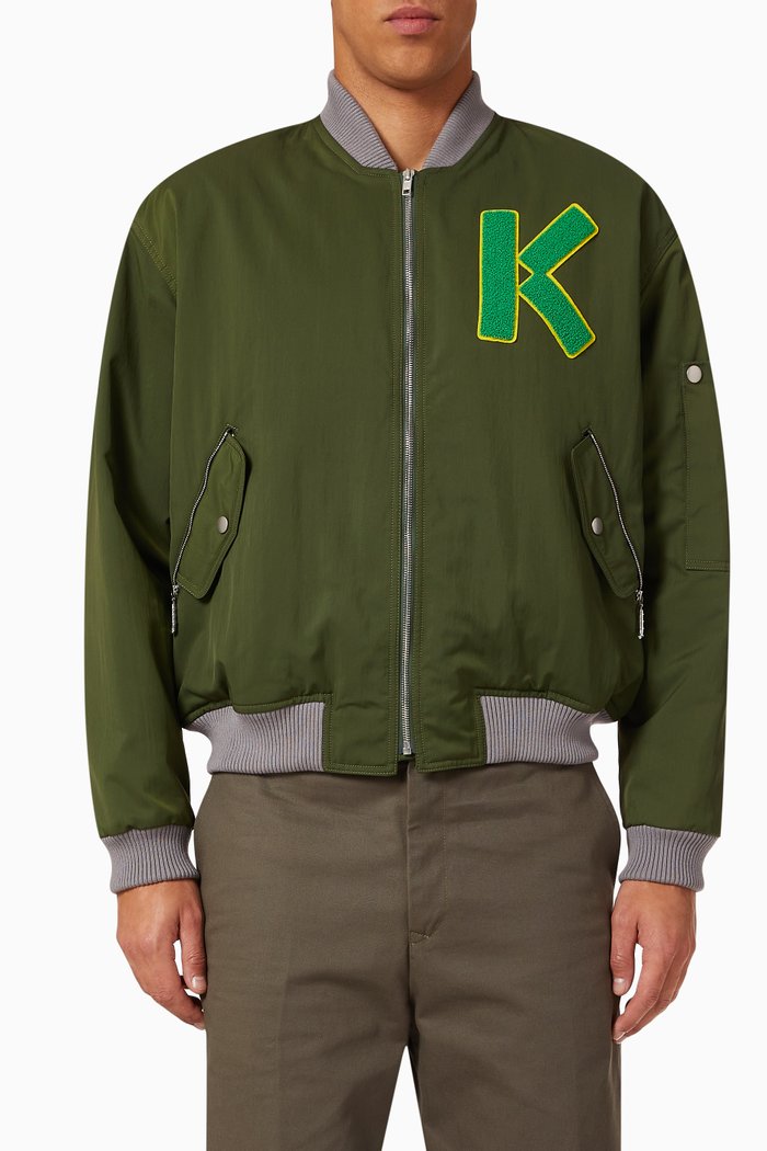 

Macro Logo Varsity Bomber Jacket in Nylon Blend, Brown