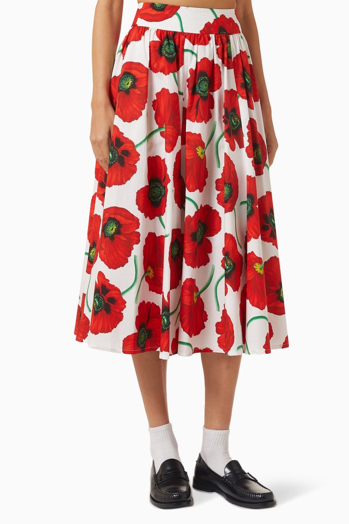 Poppy-print Midi Skirt in Cotton-poplin, White