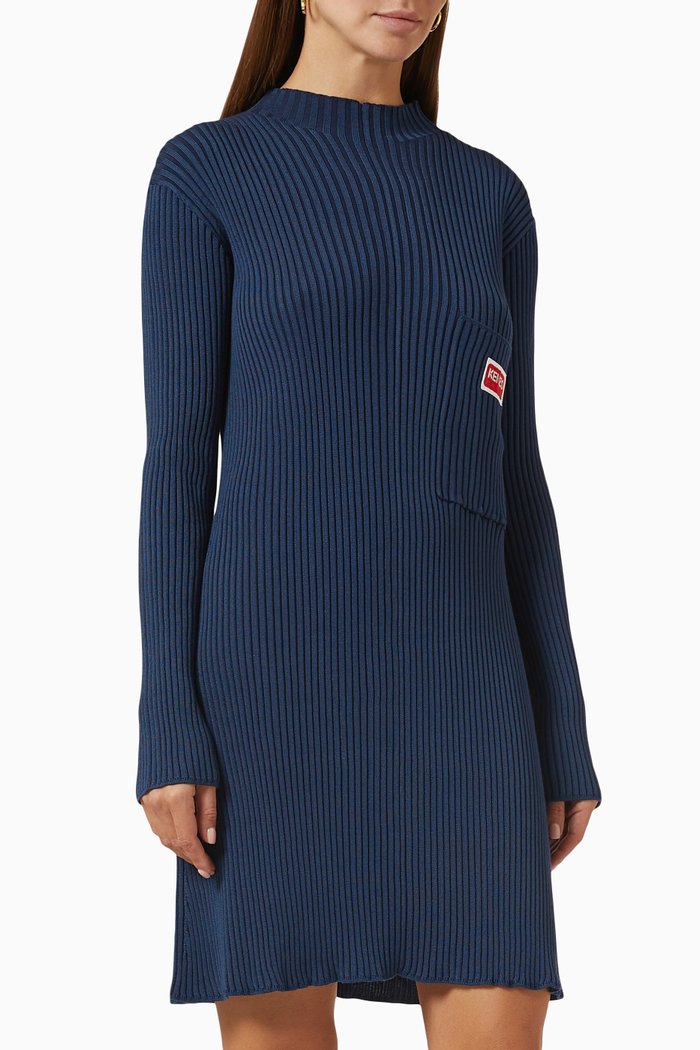 Fit & Flare Ribbed Mini Dress in Stretch Cotton-blend, Blue