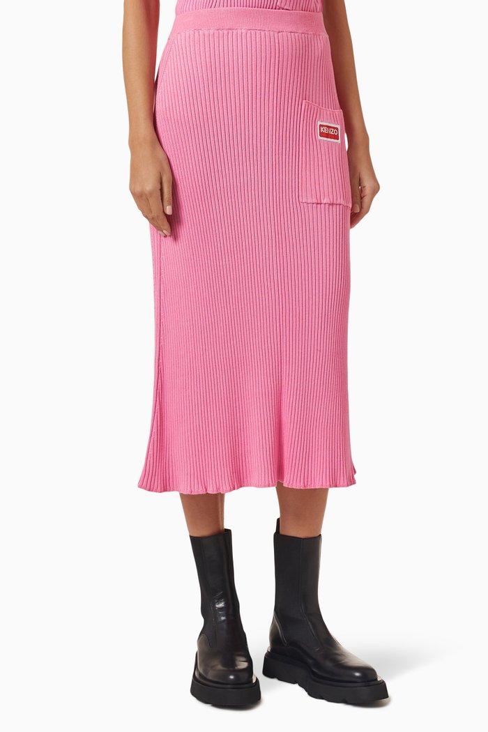 

Logo-patch Ribbed Midi Skirt in Cotton-blend, Pink