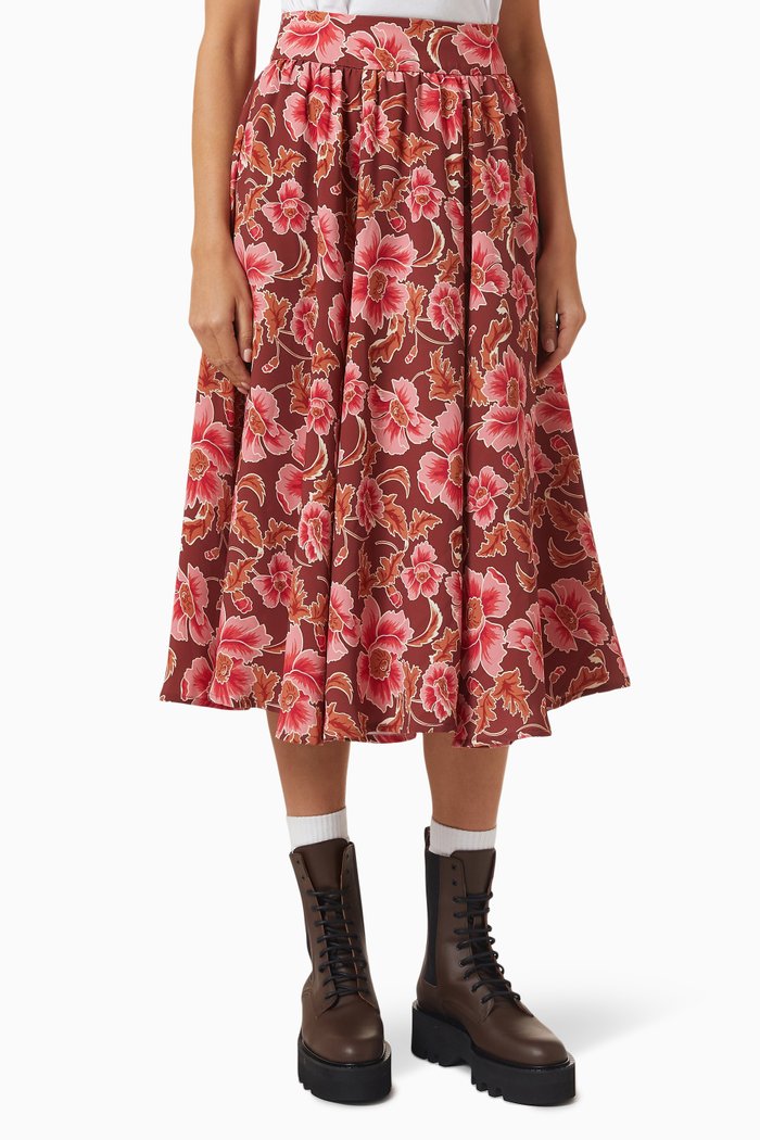 

Jungle Camo-print Flared Midi Skirt in Cotton-poplin, Red