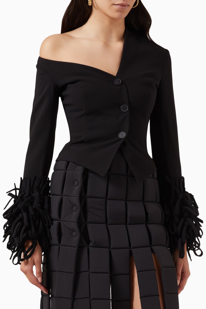 

Asymmetrical Collar Jacket Top in Crepe, Black