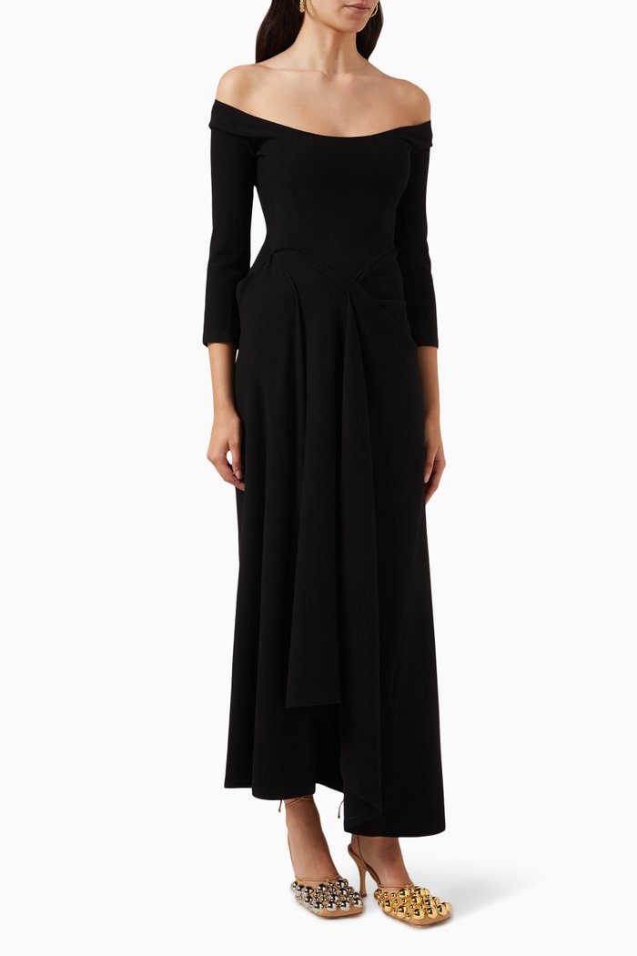 

Asymmetrical Draped Maxi Dress in Crepe, Black