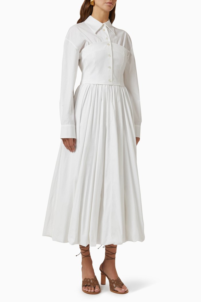 

Corset-top Pleated Skirt Midi Dress, White