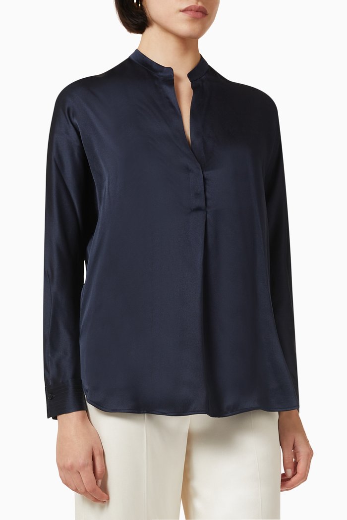

Band Collar Blouse in Silk, Blue