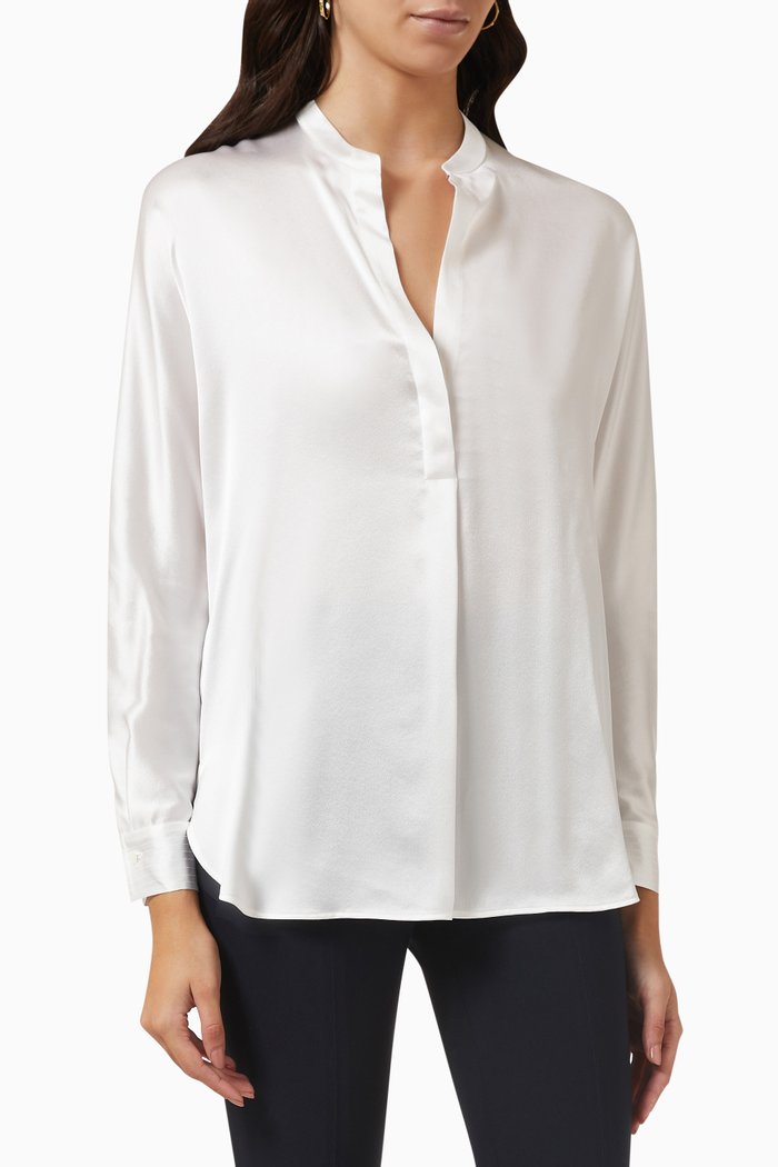 Band Collar Blouse in Silk, White