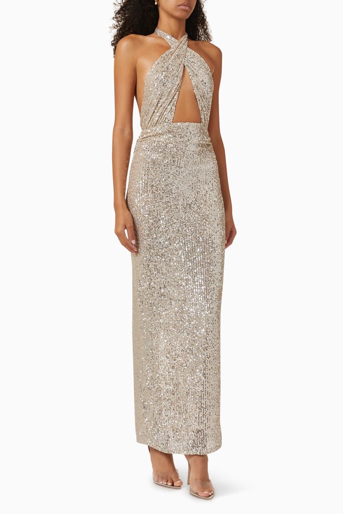 

Zack Halterneck Dress in Sequin, Silver