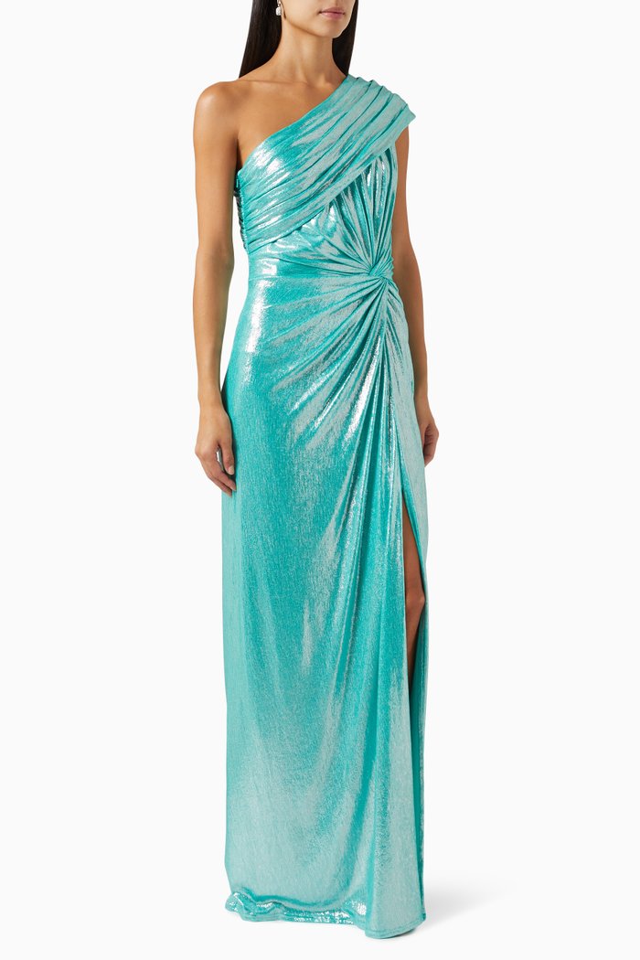 

Alesia One-shoulder Gown in Lamé, Blue