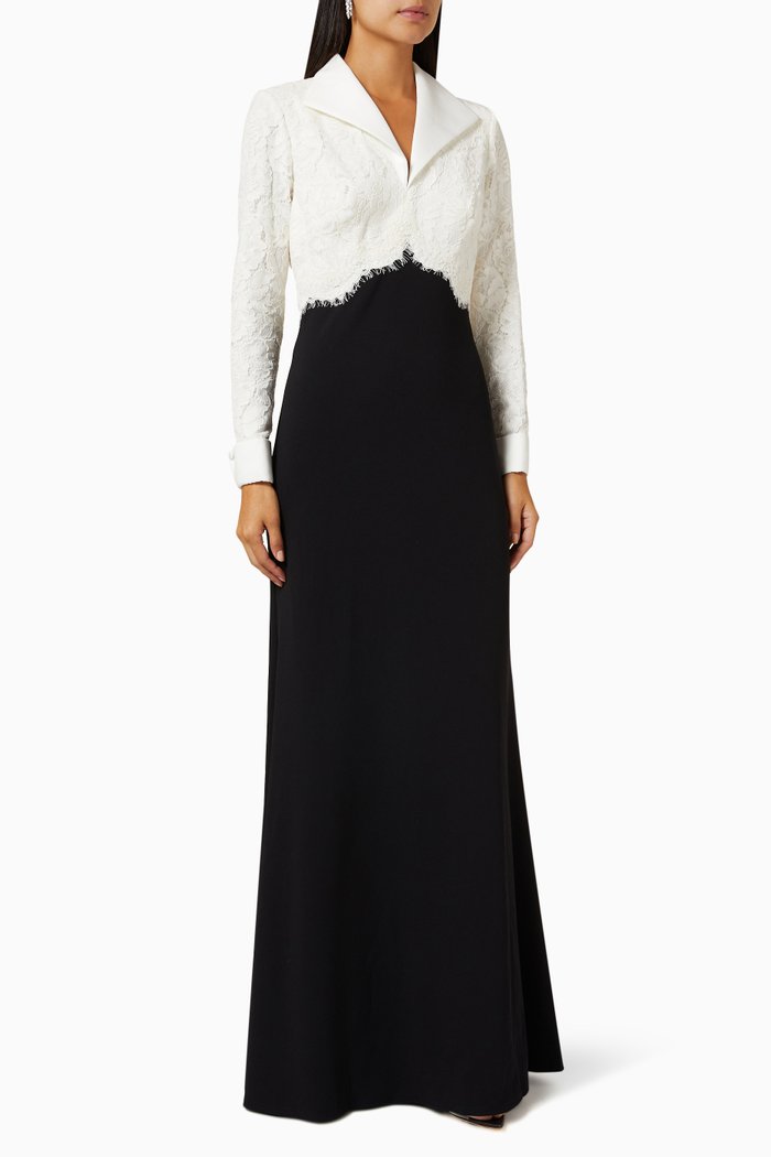 

Bridger Two-tone Collared Gown in Lace & Crêpe, Black