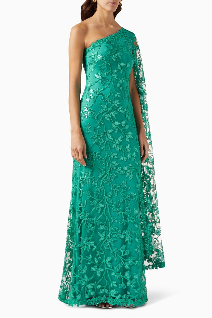 

Delia Embellished Cape-sleeve Gown in Tulle, Blue