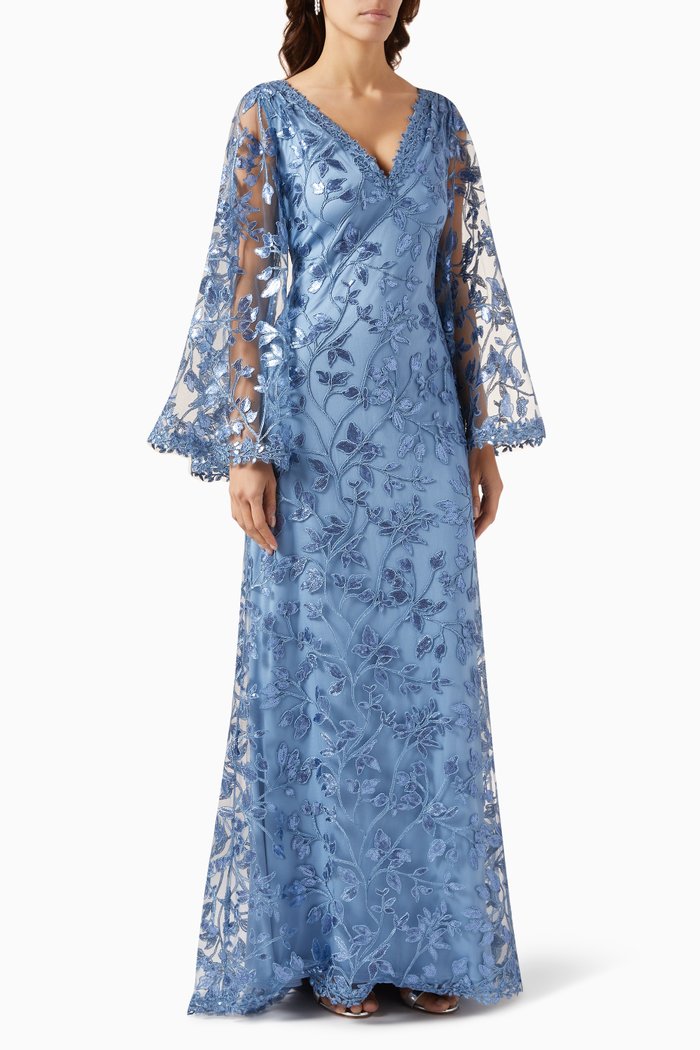 

Farley Flared-sleeve Gown in Tulle, Blue