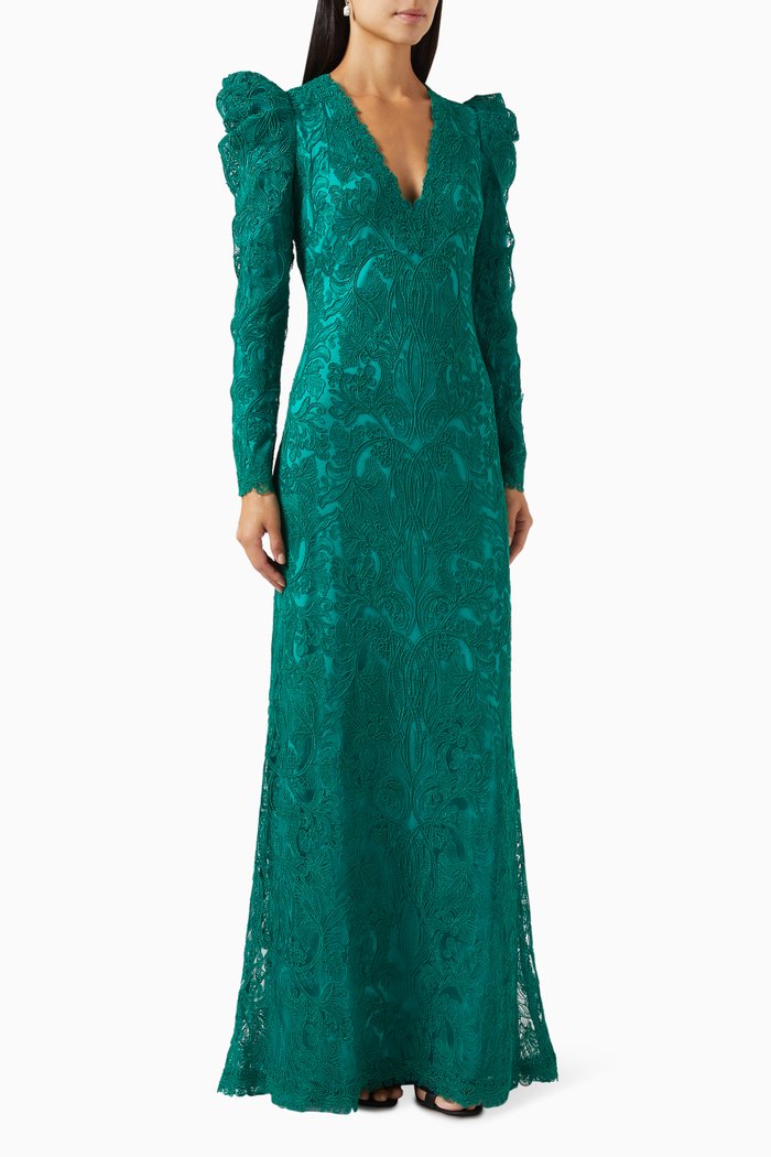 

Sloane Gigot Gown in Cord-embroidered Tulle, Green