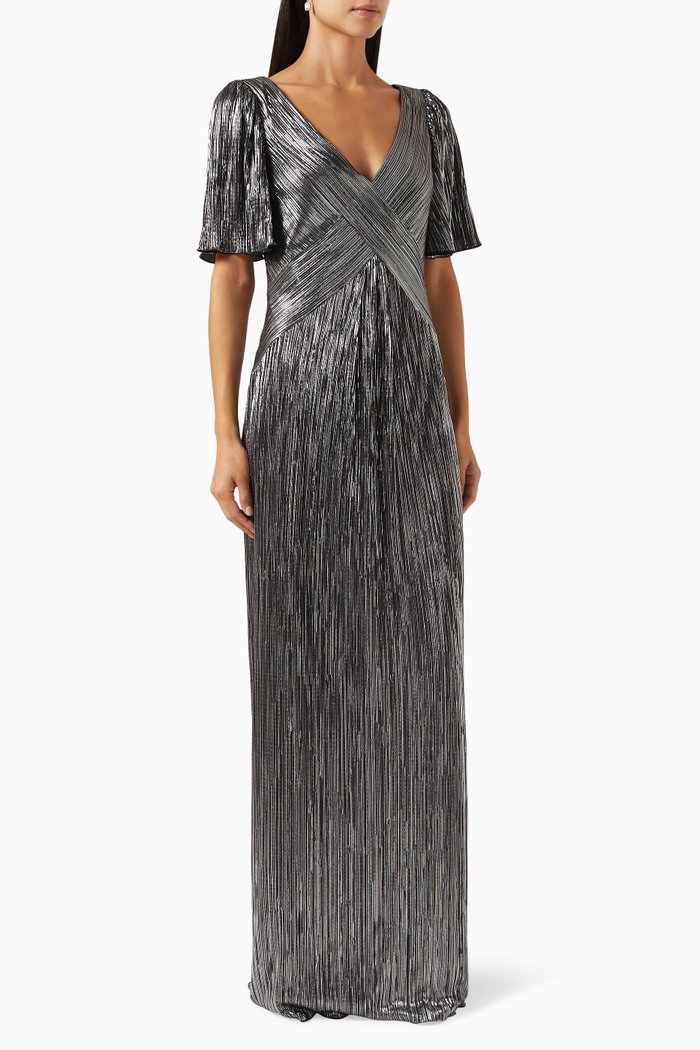 

Higgins Pleated Gown in Metallic Jersey, Black