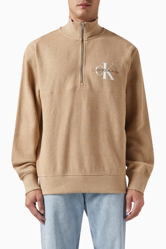 

Zip-Up Sweatshirt in Waffle Knit, Neutral