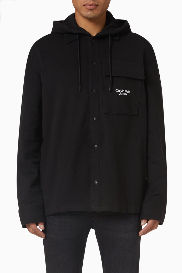 

Stacked Logo Hooded Overshirt in Cotton, Black