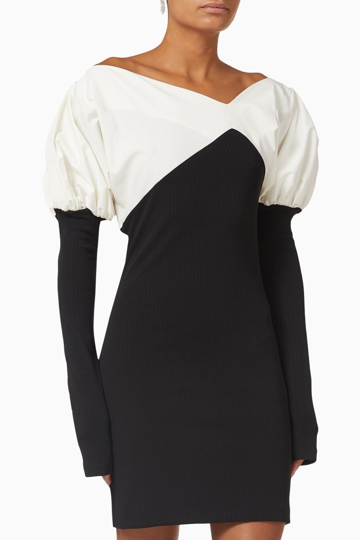 

Asymmetrical Puffed Mini Dress in Knit, Black