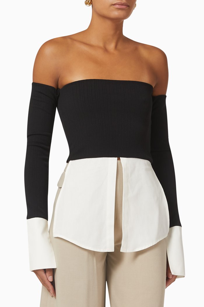 

Off-shoulder Top in Woven-knit, Black