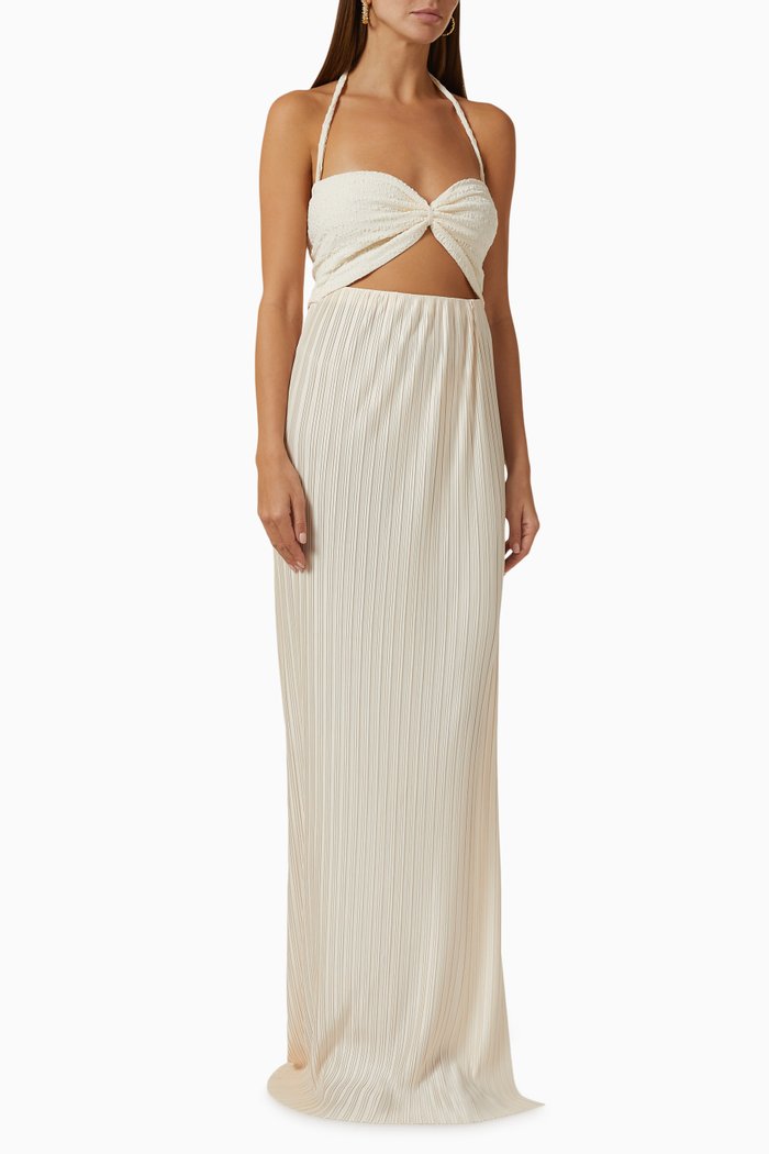 

Cinched Pleated Maxi Dress in Crepe, White