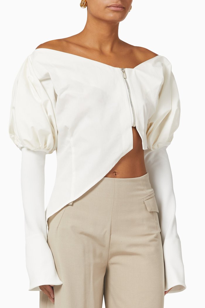 

Deconstructed Puffy-sleeve Top in Cotton, White