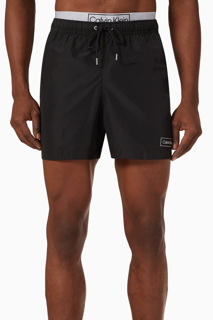 

Double Waistband Swim Shorts in Recycled Fabric, Black