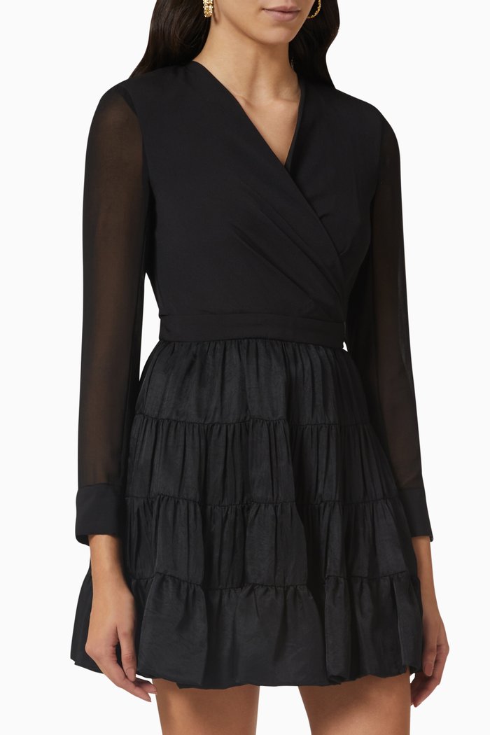 Ginette Wrap Mini Dress in Chiffon, Black