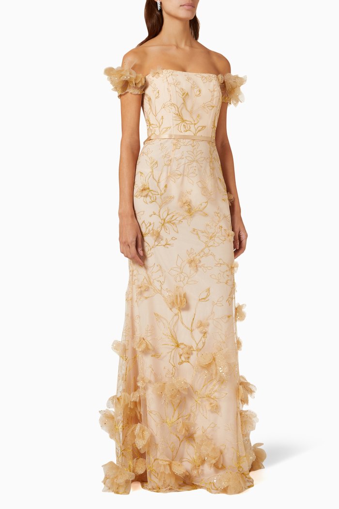 

3D Floral Belted Gown in Lurex & Tulle, Neutral