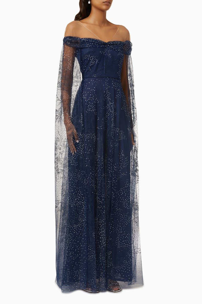 

Tulle-overlay Embellished Gown, Blue