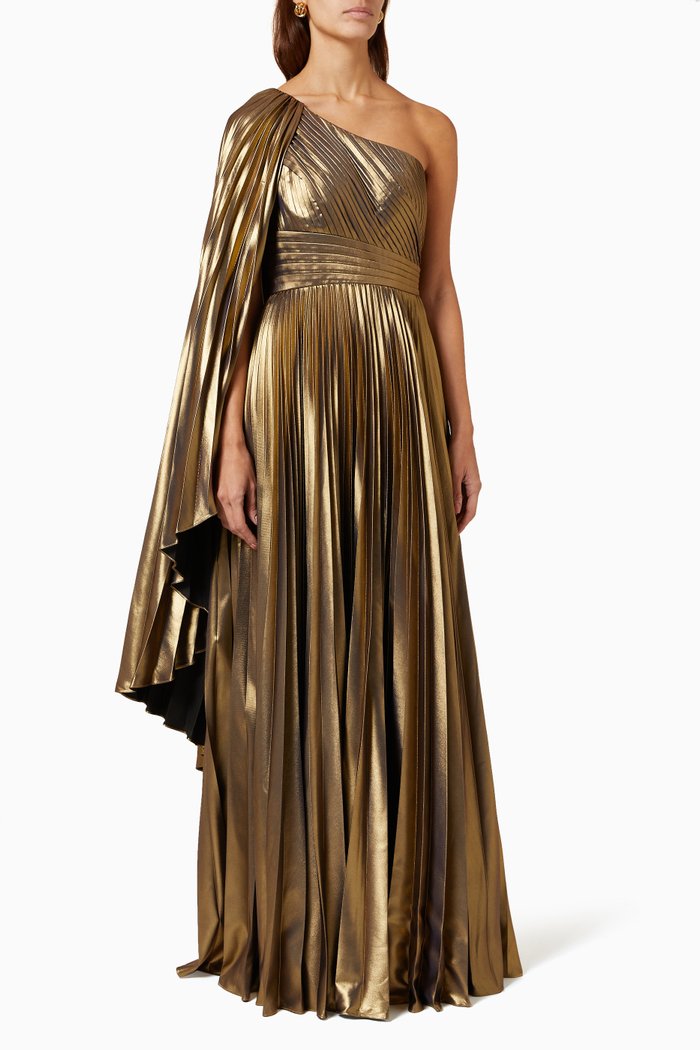 

Sunburst One-shoulder Gown in Metallic Georgette, Gold