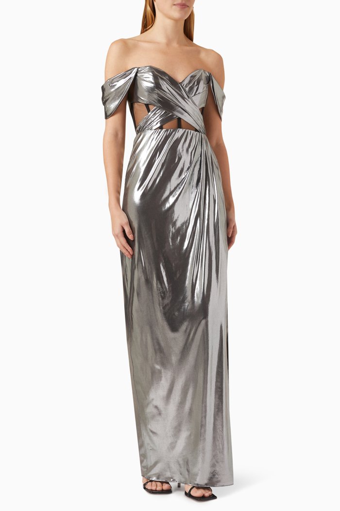 

Off-shoulder Corset Gown in Foiled-jersey, Silver