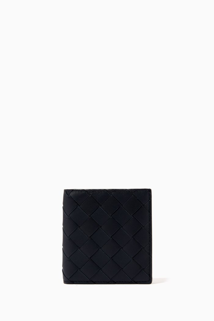 Bi-fold Wallet in Intrecciato Leather, Blue