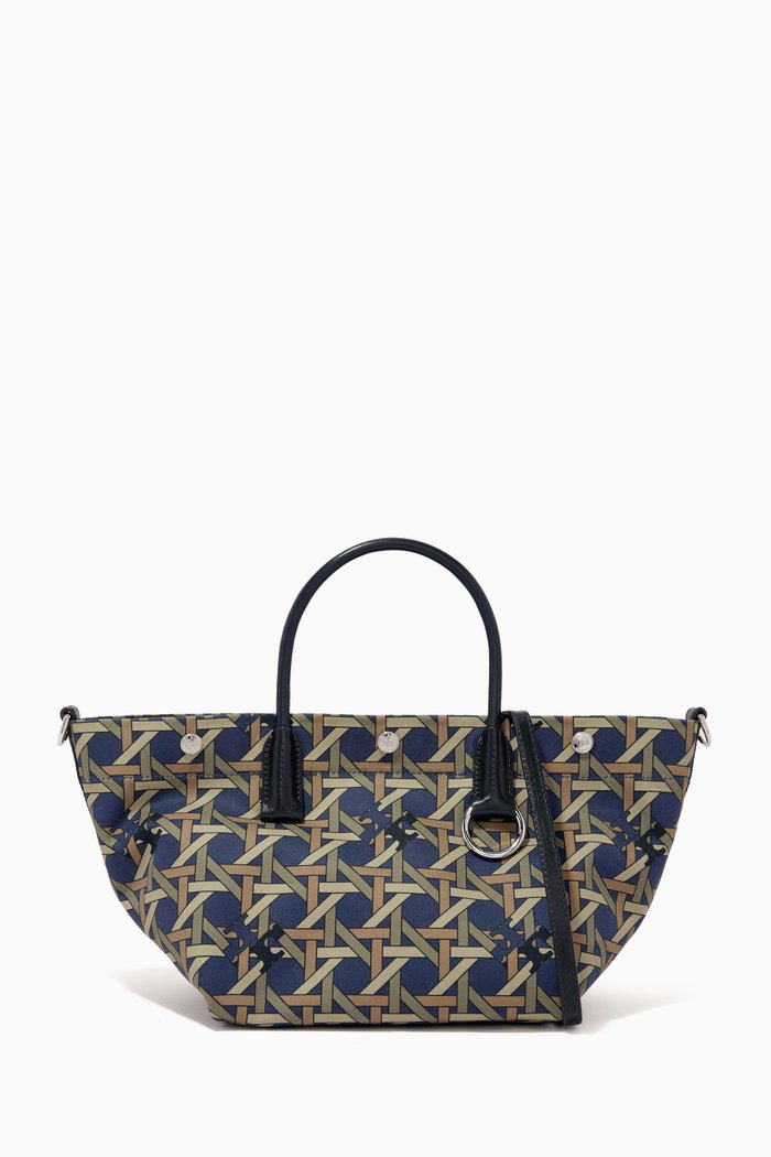 

Small Basketweave Tote Bag in Cotton Canvas & Leather, Blue