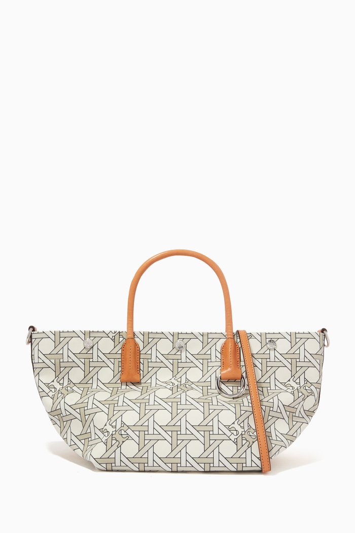 

Small Basketweave Tote Bag in Cotton Canvas & Leather, White