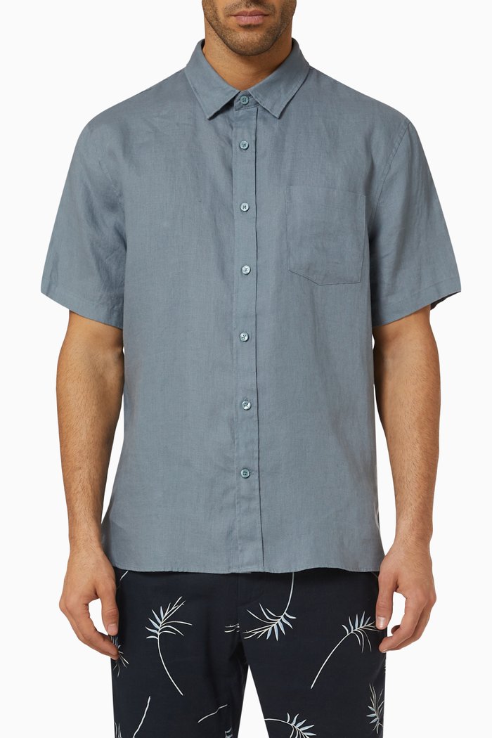 

Short-sleeved Shirt in Linen, Blue