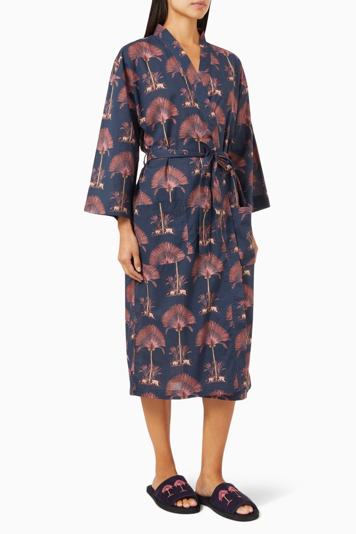 Ravenala Print Robe in Linen, Blue